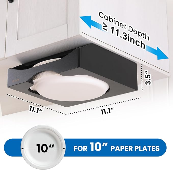 10-inch Paper Plate Dispenser Under Cabinet,Bamboo Paper Plate Holders,Kitchen Counter Vertical Plate Dispensers Holders Countertop Caddy (For 10-inch Plates,Black)