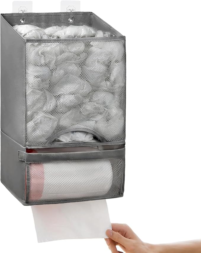 Bag Saver - Extra Large 2 in 1 Plastic Bag Holder Storage, Durable Mesh Grocery Hanging Trash Dispenser Roll Organizer for Home Kitchen/Bathroom/Laundry, Multi-purpose for Daily (Deep Grey)