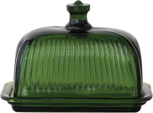 Creative Co-Op Pressed Glass Butter Dish, Green