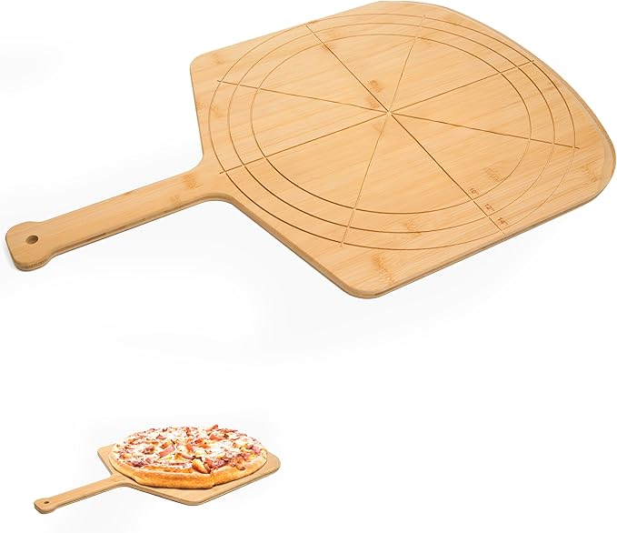 Loftern Wooden Pizza Peel 14 Inch Board with Engraved Sizes - Multi-Purpose Bamboo Pizza Cutting Board, Wood Pizza Peel, Pizza Spatula Paddle, and Serving Board with Size and Cutting Guide
