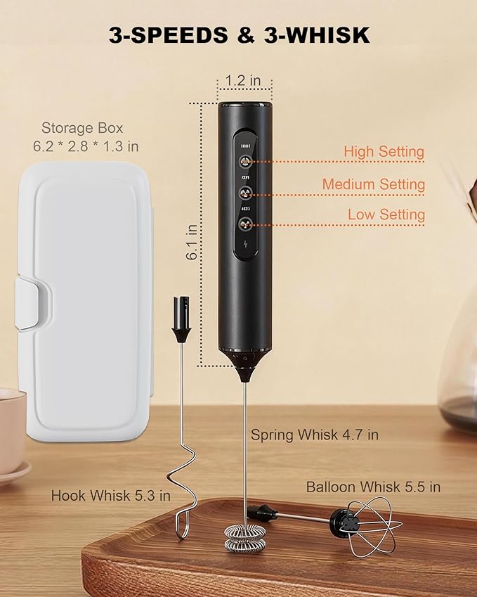 Rechargeable Handheld Milk Frother with Box, 3-Speed Coffee Frother Handheld with 3 Whisks, Dual Coil Whisk Electric Frother Wand for Coffee Latte Cappuccino Matcha and Egg, Kitchen Gift Set