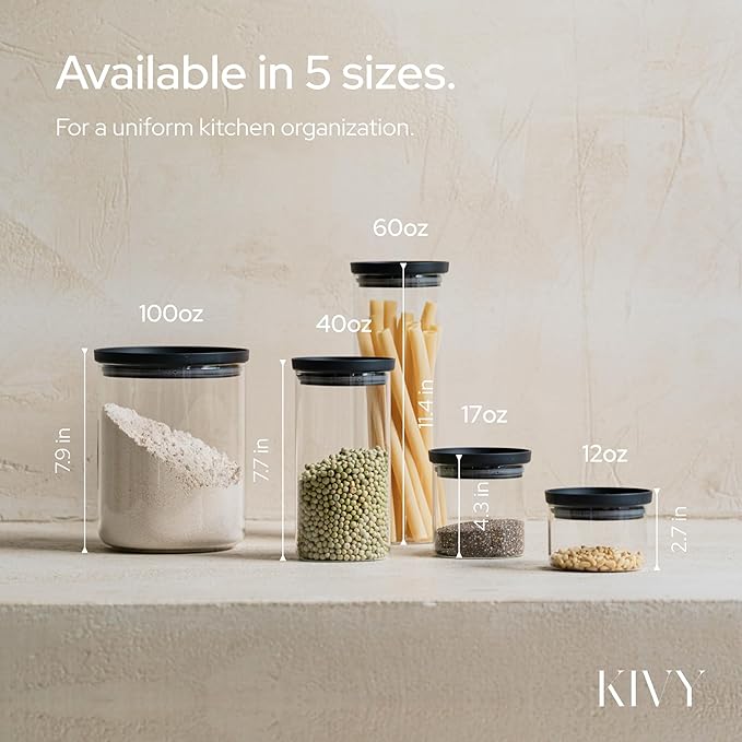 KIVY Airtight glass jars with transparent Glass Lid [2x 60oz] Glass airtight food storage containers - Pasta containers storage - Spaghetti container - Pasta containers for pantry flour Jar