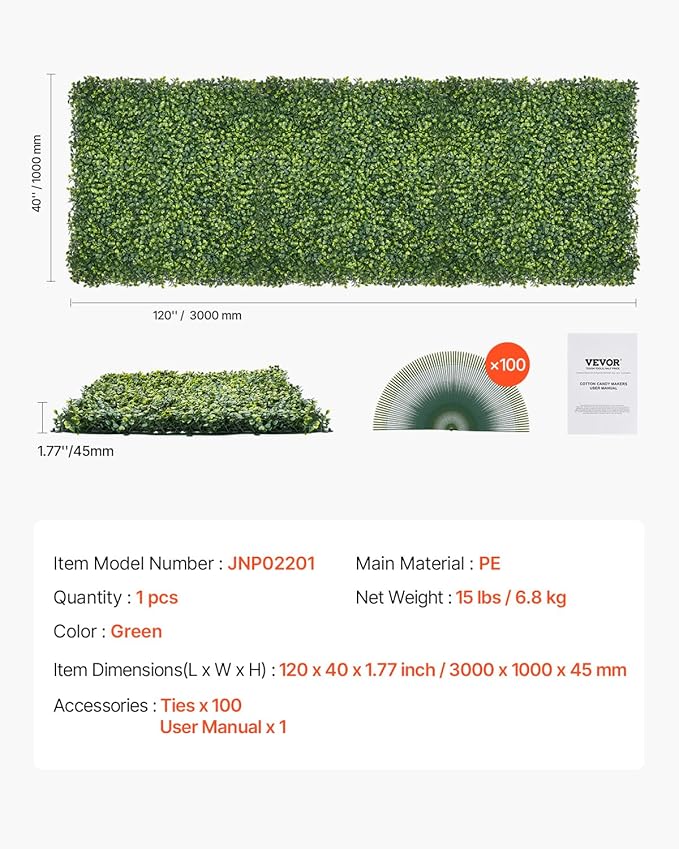 VEVOR Artificial Grass Wall Panels, 40 x 120 inch, Milan Grass Greenery Boxwood Panel for Indoor Outdoor Green Decor & Ivy Fence Covering, Privacy Backdrop Wall Hedge Screen for Garden
