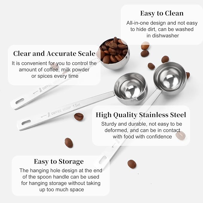 3Pcs Coffee Measuring Scoop Spoons, 15ML Stainless Steel Coffee Scoop, Long Handle Tablespoon for Measuring Coffee, Milk Powder, Fruit Powder, Tea, Sugar, Grains, Flour and Protein(Silver)