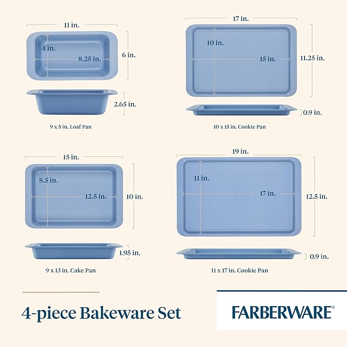 Farberware Easy Solutions Nonstick Baking Set, Includes Cookie Pans, Loaf Pan, and Cake Pan with Portion Marks, 4 Piece, Non Stick Bakeware Set - Blue