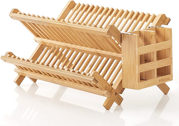 HBlife Bamboo Folding 2-Tier Collapsible Drainer Dish Drying Rack with Utensils Flatware Holder and 2pcs Dish Plate Bowl Cup Book Pot Lid Cutting Board Drying Rack Stand