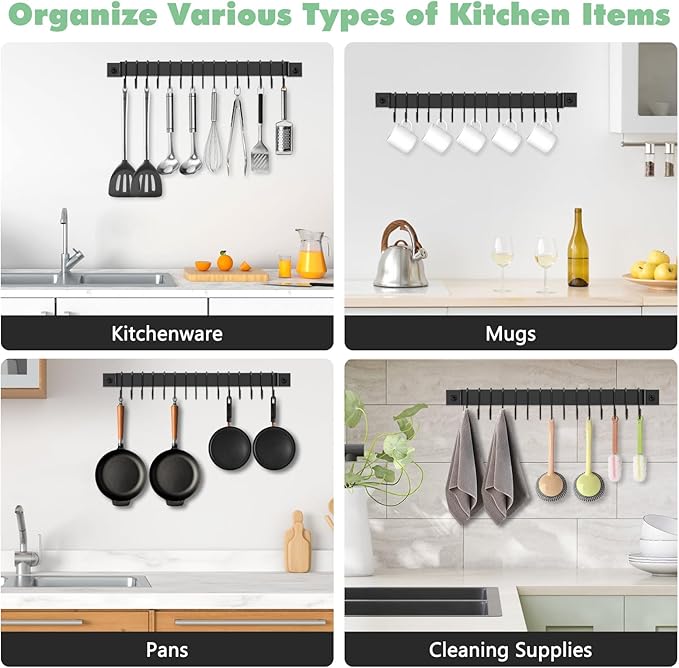 Housolution Kitchen Rail with 15 Hooks, 16 Inch Wall Mounted Hanging Utensil Rack Kitchen Utensil Hanger for Kitchen, 1 Pack, Black