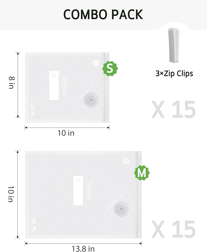 Syntus Vacuum Sealer Bags for Food, 30 Pcs Small Size 8" x 10" and Medium Size 10" x 13.8" Food Storage Bags for Sous Vide Cooking Microwave Heating, Air Valve Zipper Bags & Zip Clips