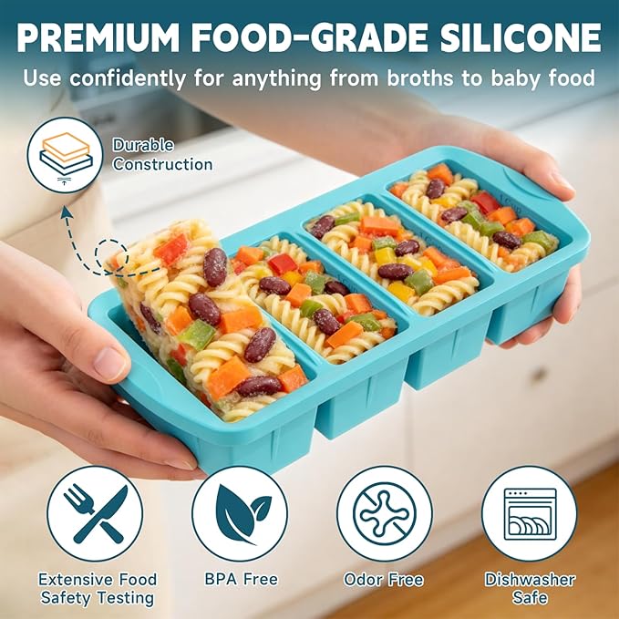 4-Pack Silicone Freezer Trays with Lid & 20 Bags - Multi-Size 1-Cup & 2-Cup Portions, Food-Grade Silicone Freezer Molds for Soup & Meal Prep - Freezer Storage Containers, Oven & Dishwasher Safe - Blue