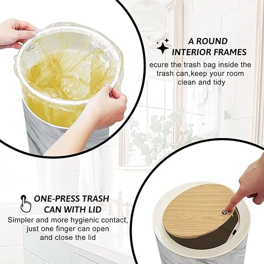 Trash Can with Lid Marble Texture Abstract Press Top Round Small Garbage Bin with Wooden Legs Waste Basket for Kitchen Bedroom Nursery 7L/1.8 Gallon