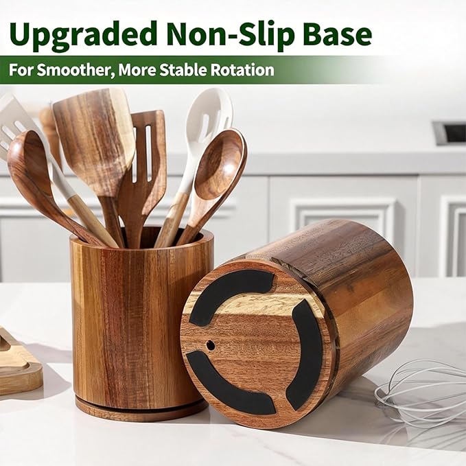 Wooden Utensil Holder, 360°Rotating 7.3'' Large Utensil Holder for Kitchen Counter, Kitchen Utensil Organizer, Utensil Crock, Farmhouse Kitchens Countertop Decor, Distressed White
