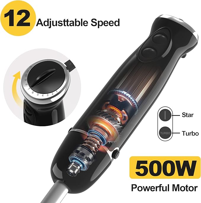 Blackcow Immersion Blender Handheld,500W Electric Hand Blender,Electric Hand Mixer with 12-Speed&Turbo,Extra Quiet Hand Blender for kitchen,Smoothie,Soup,Baby Food,Puree.Black
