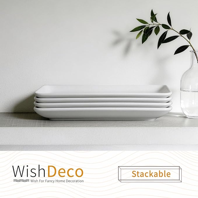 WishDeco Ceramic Serving Platters Set of 4, Rectangle Serving Trays 12 inch, White Serving Plates, Long Platter for Cake, Steak, Sushi, Appetizer