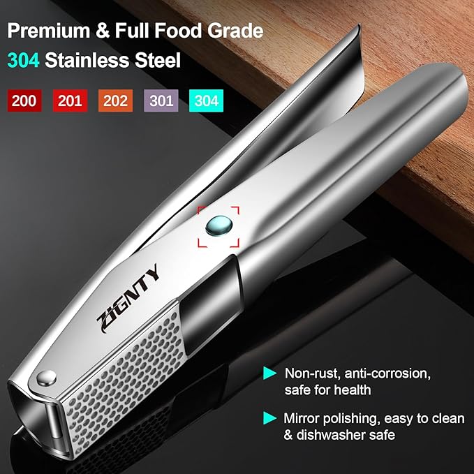 Garlic Press Stainless Steel，Premium Garlic Mincer Tool，No Need to Peel Garlic Ginger Crusher & Masher Easy Squeeze Large Trough Ergonomic Handle，Rust Proof，Dishwasher Safe (5 Years Warranty)