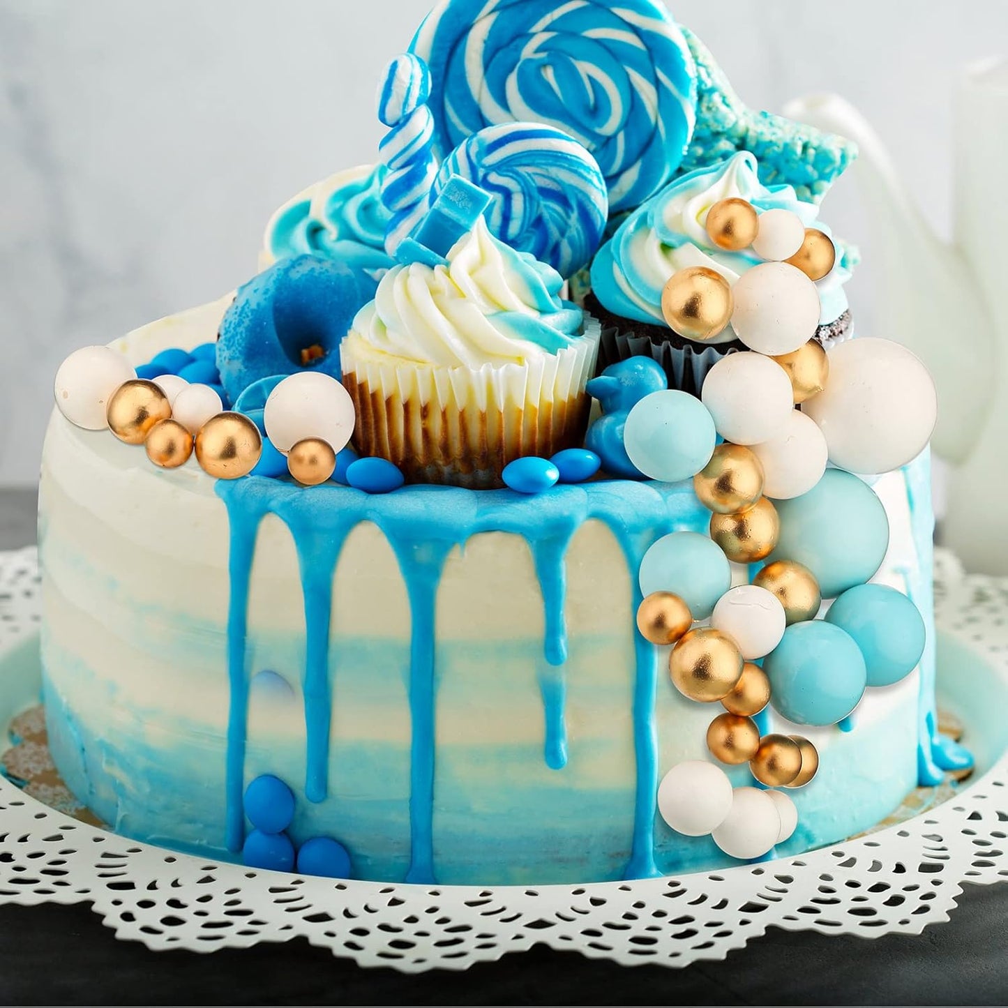108 Pcs Balls Cake Topper DIY Cupcake Insert Foam Balloons for Cake Baking Wedding Anniversary Birthday Decoration(Blue, White, Gold,Multi Sizes)