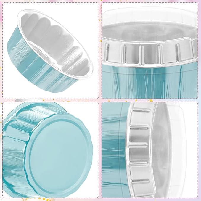 Tessco for you 100 Pcs Disposable Ramekins with Lids 8 oz Creme Brulee Ramekin Aluminum Foil Cup Cupcake Liner Baking Valentines Disposable Muffin Tin Pan Cheesecake Container (Multi Colors)