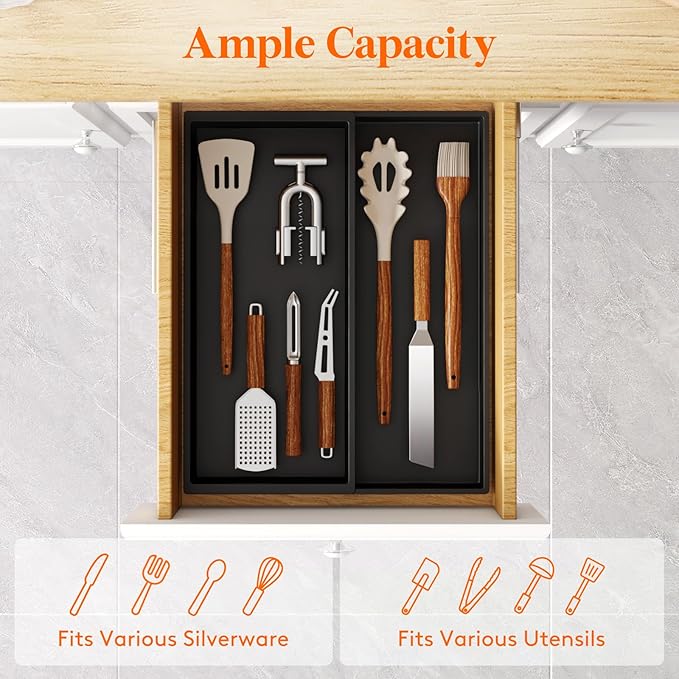 Lifewit Utensil Organizer for Kitchen Drawer, Expandable Cooking Silverware Tray, Adjustable Cutlery Flatware Holder, Plastic Spatula Tools Storage Divider, 12.9 x 16.1", Black