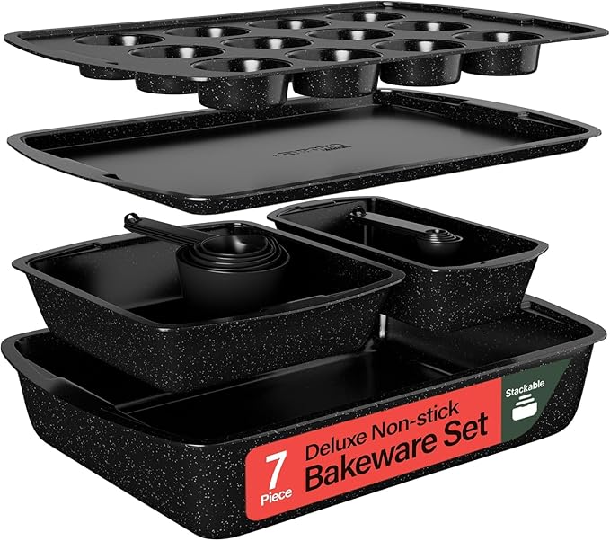Emporio Kitchen Stackable Baking Pan Set - Deluxe Nonstick Gray Marble Coating, Carbon Steel Bakeware Sets, PFOA, PFOS, PTFE Free, Recipe Booklet Included, Oven Safe (Up to 450°F), Set of 7