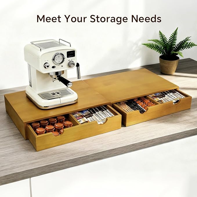 Coffee Pod 15" X 11" X 3" Natural Wood Countertop Organizer Drawer, Counter Top Espresso Tea Bag Station Storage Holder Box, Brown