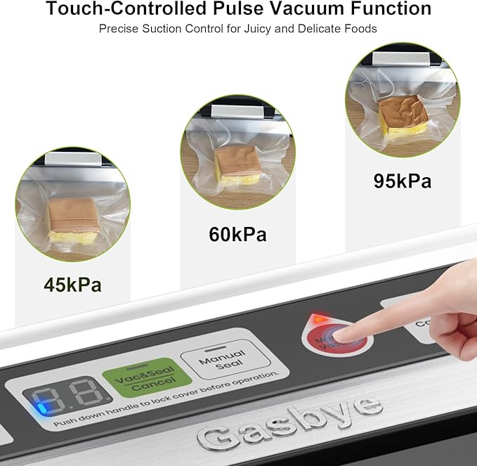 Gasbye 95kPa Precision Vacuum Sealer Machine, Double Heat Seal for Dry/Moist Food, Easy-Lock Handle, Built-in Bag Storage & Cutter, Progress Display, Pulse Mode, Removable Drip Tray, Silver