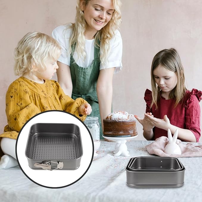 Springform Cake Pan Set of 3 (4, 7, 9 Inch) Square Leakproof Nonstick Cheesecake Pans with Removable Bottom Carbon Steel Bakeware