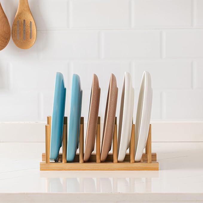 HBlife Bamboo Dish Plate Bowl Cup Book Pot Lid Cutting Board Drying Rack Stand Drainer Storage Holder Organizer Kitchen Cabinet（Keep Dry）