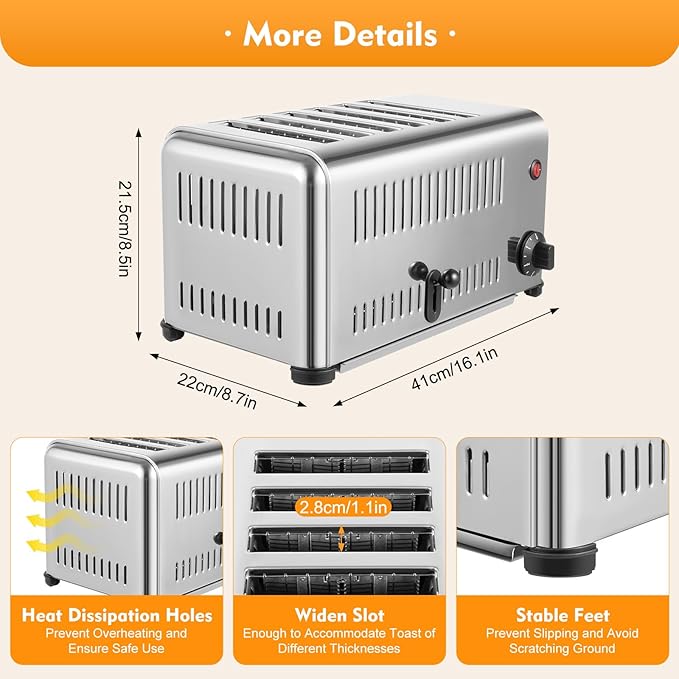 Electric 6 Slice Toaster, 1680W Stainless Steel Commercial Toaster with 6 Wide Slot, 1-5 Minute Timer Bread Baking Machine with Crumb Tray or Home Bakery Restaurant Dessert Store