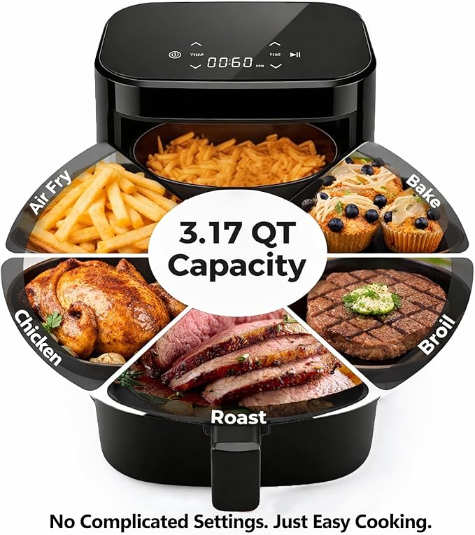 Simple Deluxe 8-in-1 Air Fryer 3 Qt, Digital Preset Airfryer with Overheat Protection and Auto Shut-Off, Nonstick and Dishwasher-Safe Basket for Fries, Bake, 60-Min Timer, Max 400°F, 800W, Black