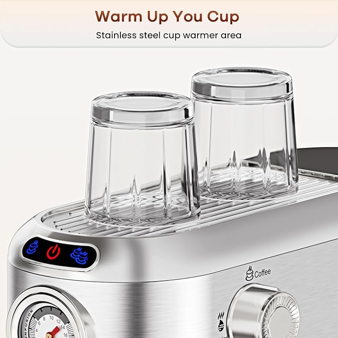 Espresso Machine with Milk Frother, 20 Bar Stainless Steel Coffee Machine, Espresso Maker with 34oz Removable Water Tank for Home, Office, Women or Men