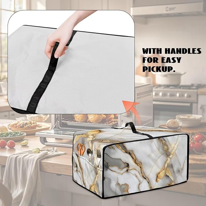 Toaster Oven Dust Cover with Storage Pockets, Protective Decorative Smart Oven Cover for for Kitchen Countertop, S, 14.5 x 18.5 x 9 Inches, White Gold Gray Marble