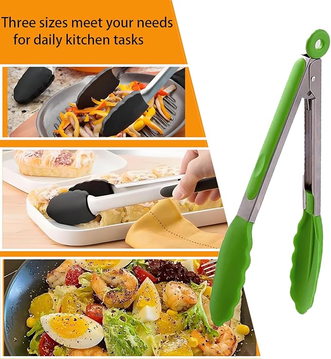 Kitchen Tongs with Silicone Tips,Tongs for Cooking Heat Resistant 600 Degrees Stainless Steel Locking Tongs,Grass Green Set of 3-7", 9" and 12"