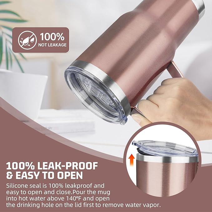 20 oz Tumbler with Handle Stainless Steel Insulated Coffee Tumbler with Lid and Straw Double Wall Vacuum Insulated Coffee Mug Leak Proof Travel Mug Tumbler for Hot and Cold Drink (Rose Gold,4pack)