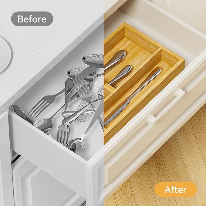 Yofidra Bamboo Silverware Organizer, 12.6 x 6.97 x 1.96 Inches Kitchen Utensil Drawer Organizer, Silverware Tray for Drawer with Fixed Slots for Spoons, Forks & Knives, Natural