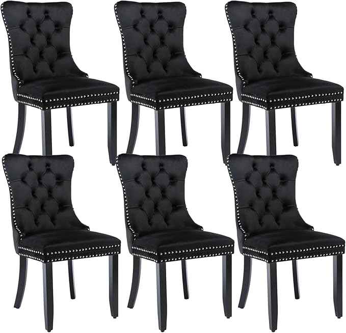 Black Dining Chairs Set of 6, Upholstered Velvet Dining Room Chairs with Back Ring Pull Trim and Solid Wood Legs,Modern Dining Chairs Perfect for Dining Room,Living Room,Kitchen(Black)