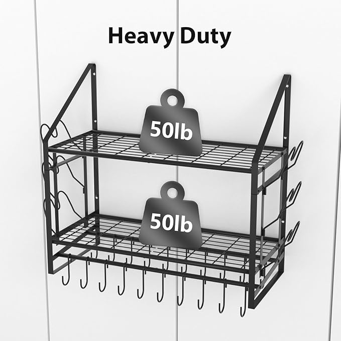 VyGrow 28 Inch Pot Rack Wall Mounted, 2 Tier Pots and Pans Organizer with 20 Hooks and 6 Pot Lid Holders, Heavy Duty Steel Pot and Pan Hanger for Kitchen Cookware Utensils Storage 34.7" Lx13 Wx26.4 H
