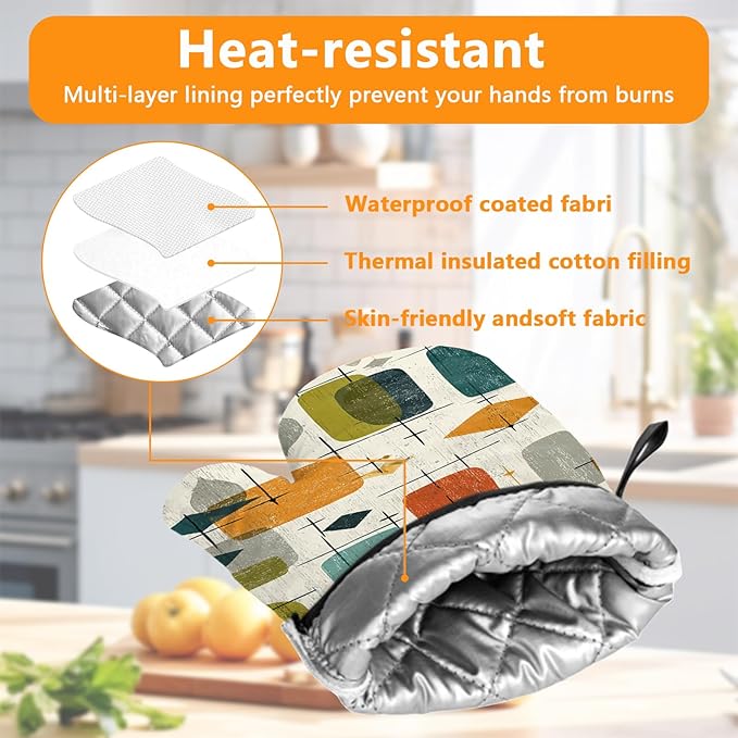 Mid Century Oven Mitts and Pot Holders Sets 4Pcs Silicone Non-Slip Mitts Heat Resistant Gloves Hot Pads for Kitchen Cooking Baking Grilling BBQ