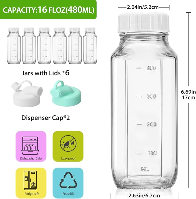 CUCUMI 6 Pack 16 Oz Glass Milk Bottles with Lids, Glass Juice Bottles with Scale & Silicone Pour Spout, Reusable Juice Containers Square Drinking Jars for Milk, Coffee, Smoothies, Water