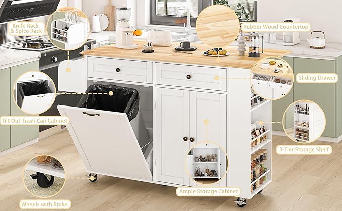 60'' Rolling Kitchen Island with Drop Leaf, Storage Islands Cart with Tilt Out Trash Can Cabinet, Rubber Wood Tabletop, Knife Holder, Wheels, White
