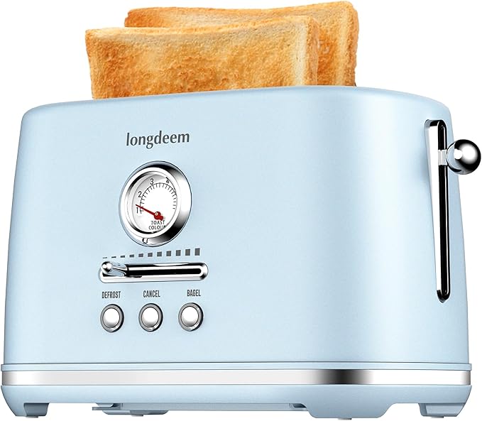 2 Slice Toaster, Wide Slots, Auto Off, Frozen Modes for Toast, Bagels, Waffles & Fruity Breads, Retro Collection, Easy Clean Crumb Tray, Blue