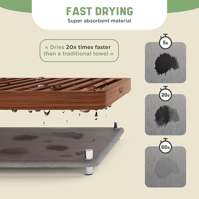 NIUM Stone Drying Mat for Kitchen Counter & Bamboo Rack - 16″x12″ - Diatomaceous Earth Dish drying mat Ultra Absorbent & Fast Drying - EcoFriendly with Non-Slip Pads & Anti-Moisture Design