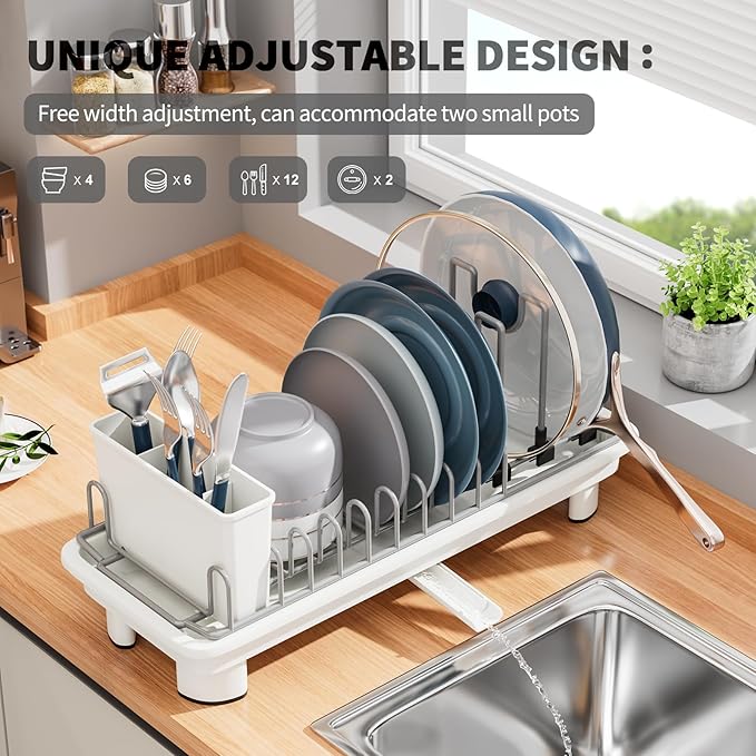 SanDream Small Dish Drying Rack with Removable Utensil Holder & Anti-Scratch Base - Stainless Steel Dish Rack, Dish Drying Rack with Drainage & Space Saving Design for Kitchen Counter, White
