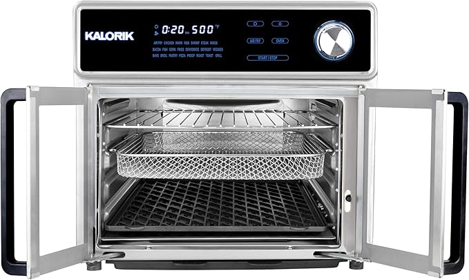 Kalorik Air Fryer Oven Grill MAXX Series 26-Quart with Smokeless Sear Technology Digital Controls Easy-View Door and 22 Smart Cooking Presets, Includes Cooking Accessories, 1700-Watts, Stainless Steel