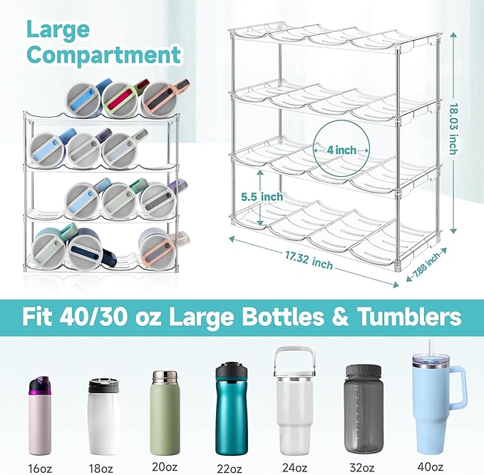 Stackable Water Bottle Organizer, Large Compartment Water Bottle Holder for Stanley 40 oz Tumbler, Kitchen Storage Organizer for Stanley Cup Accessories, Tumbler Organizer Wine Rack - Hold 16 Bottles