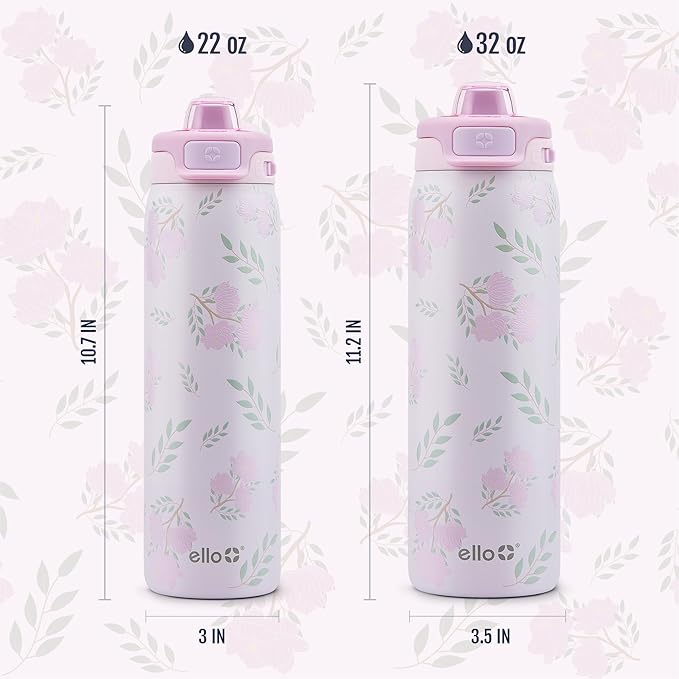 Ello Pop & Fill 32oz Stainless Steel Water Bottle with QuickFill Technology, Double Walled and Vacuum Insulated Metal, Leak Proof Locking Lid, Straw and Chug, Reusable, BPA Free, Blossom Bliss