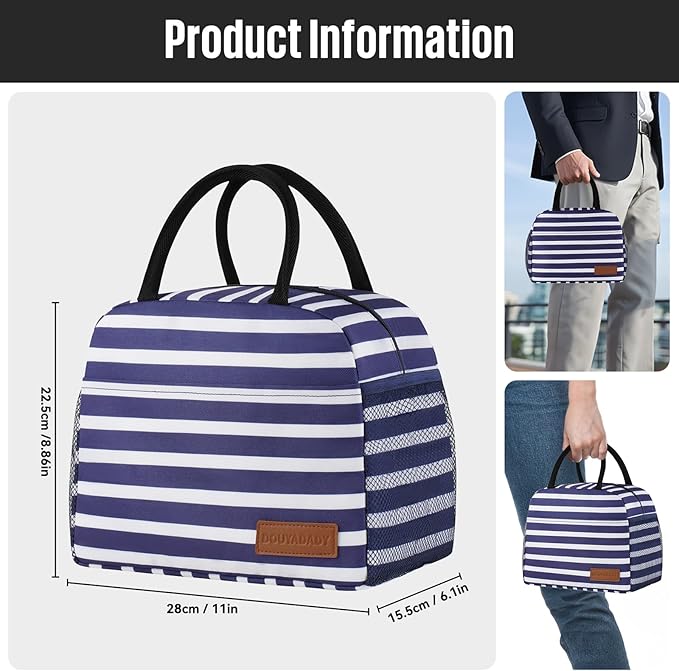 douyadady Lunch Bag Women/Men Lunch Box Women/Men (Dark blue+White Stripes)
