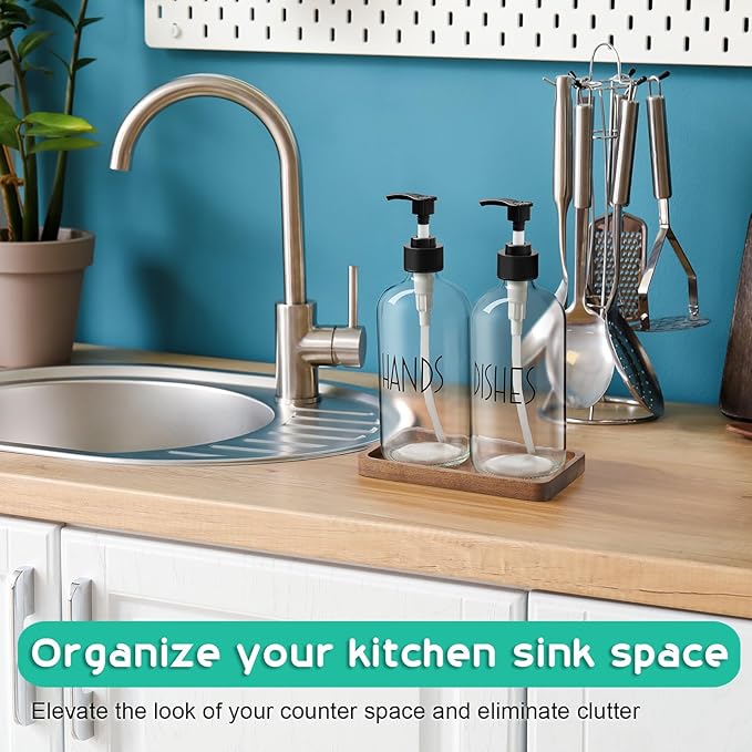 ALELION Glass Soap Dispenser with Pump - 16 OZ Clear Dish and Hand Soap Dispenser Set with Acacia Wood Tray for Kitchen Bathroom - Modern Liquid Pump Bottles