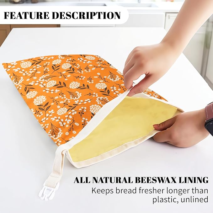 2 Pack Beeswax Bread Bags - 17x13 Inch Reusable Bread Storage Bags,Bees Wax Lined Bread Bags for Home Cooks fresh bread storage Easy Clean (Orange-White flowers)