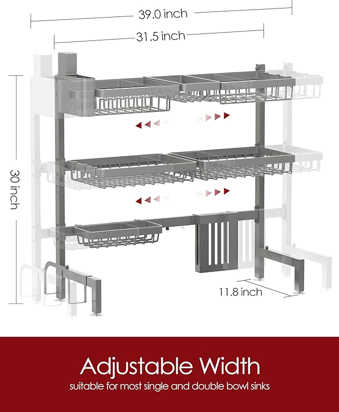 Sakugi Dish Drying Rack - Over The Sink Dish Drainer Drying Rack with Utensil & Knife Holder, Hooks, Stainless Steel Kitchen Organizers and Storage Solution, 11.8" D x 31.5"~39.0''W x 30" H, Gray