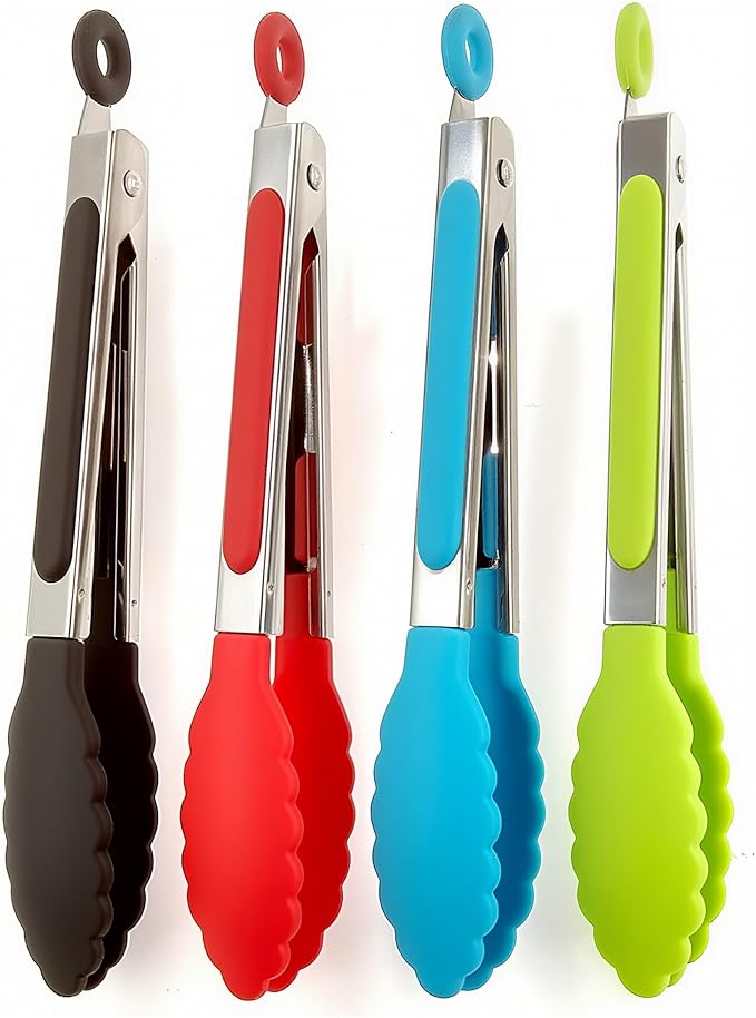 4Pcs Silicone Tongs, Kitchen Tongs 7” Non-slip & Easy Grip Stainless Steel Handle - Smart Locking Clip - Heat Resistant, Food Grade