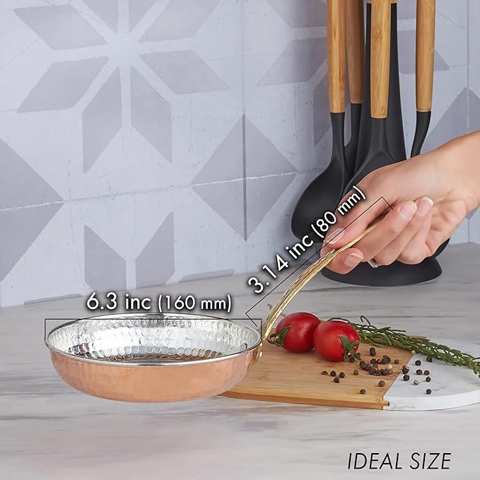 Handmade Copper Sauté Pan & Butter Warmer, Multipurpose Pure Copper Cookware with Handle, Suitable for Oven & Stovetop, Decorative Hammered Copper Skillet (X-Small 6.3 in)